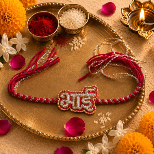 Bhai (in Hindi) Hand Embroidered Rakhi | Red & Silver | With Roli Chawal | Handwork Rakhi