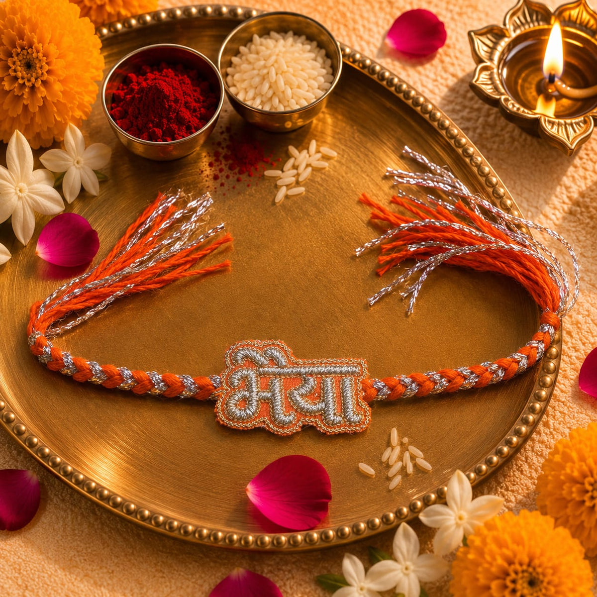 Bhaiya (in Hindi) Hand Embroidered Rakhi | Orange & Silver | Anchor and Metallic Thread Rakhi