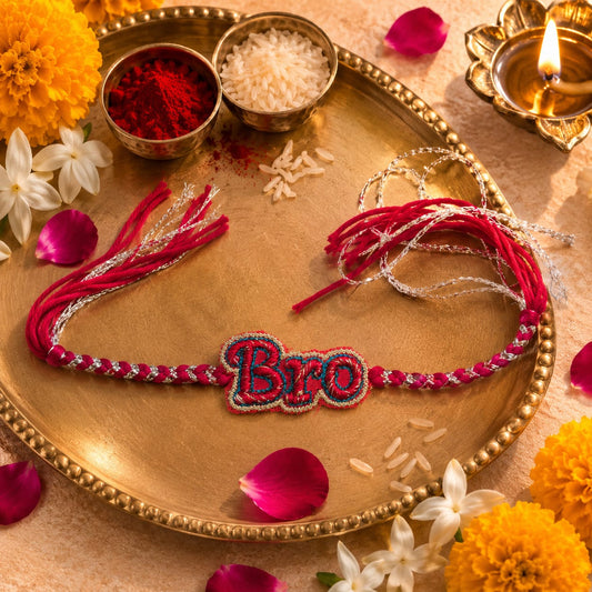 Bro (in English) Hand Embroidered Rakhi | Red & Silver | With Roli Chawal | Handwork Rakhi
