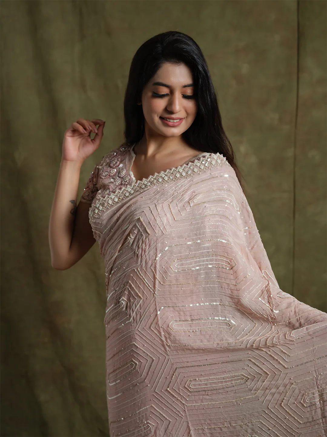 Classy Nude Pink Hand Embroidered Saree