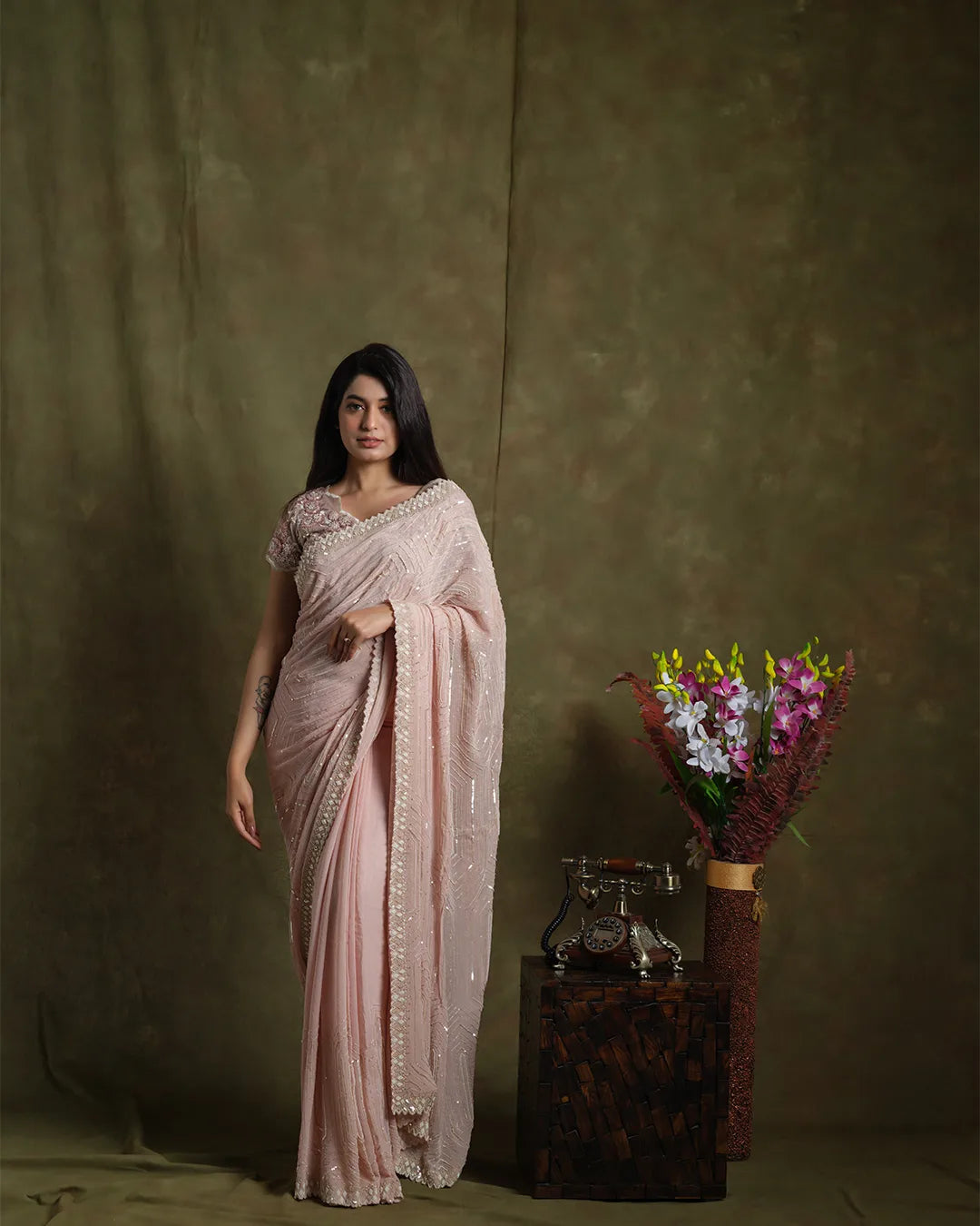 Classy Nude Pink Hand Embroidered Saree
