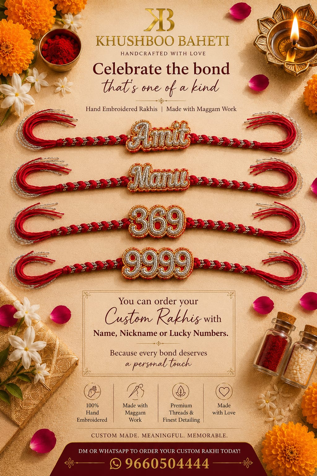 Custom Name and Lucky Number Hand Embroidered Rakhi | Red & Silver | With Roli Chawal | Handwork Rakhi