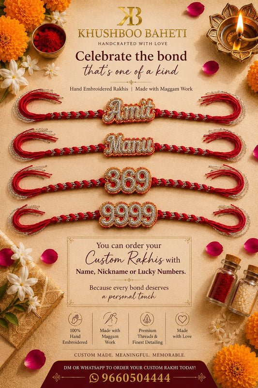 Custom Name and Lucky Number Hand Embroidered Rakhi | Red & Silver | With Roli Chawal | Handwork Rakhi