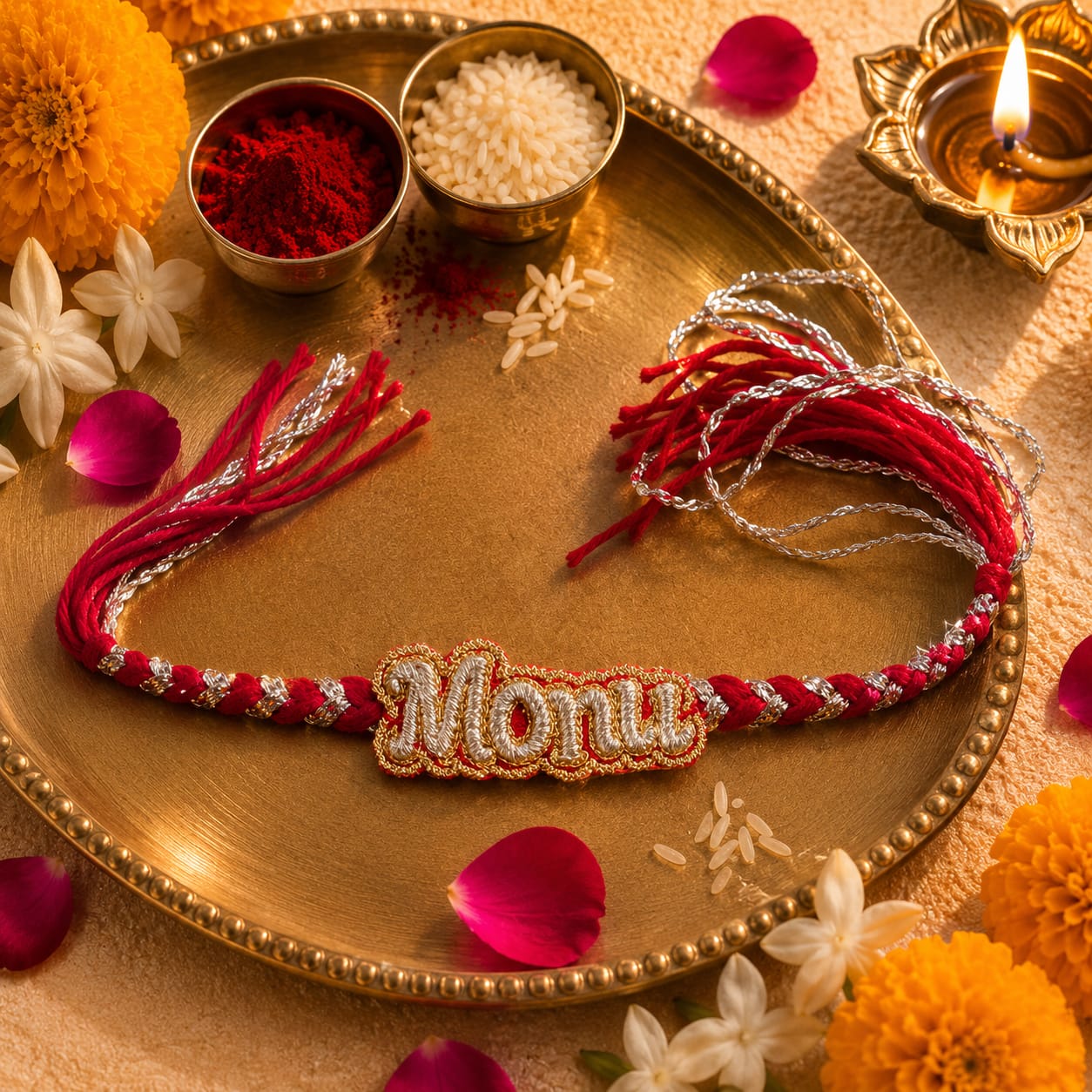 Custom Name and Lucky Number Hand Embroidered Rakhi | Red & Silver | With Roli Chawal | Handwork Rakhi