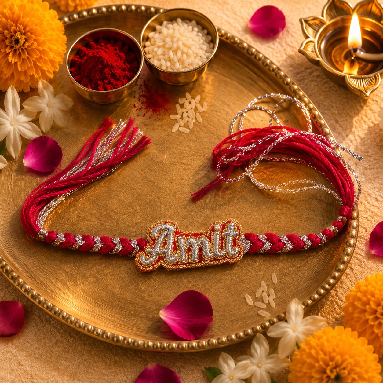 Custom Name and Lucky Number Hand Embroidered Rakhi | Red & Silver | With Roli Chawal | Handwork Rakhi