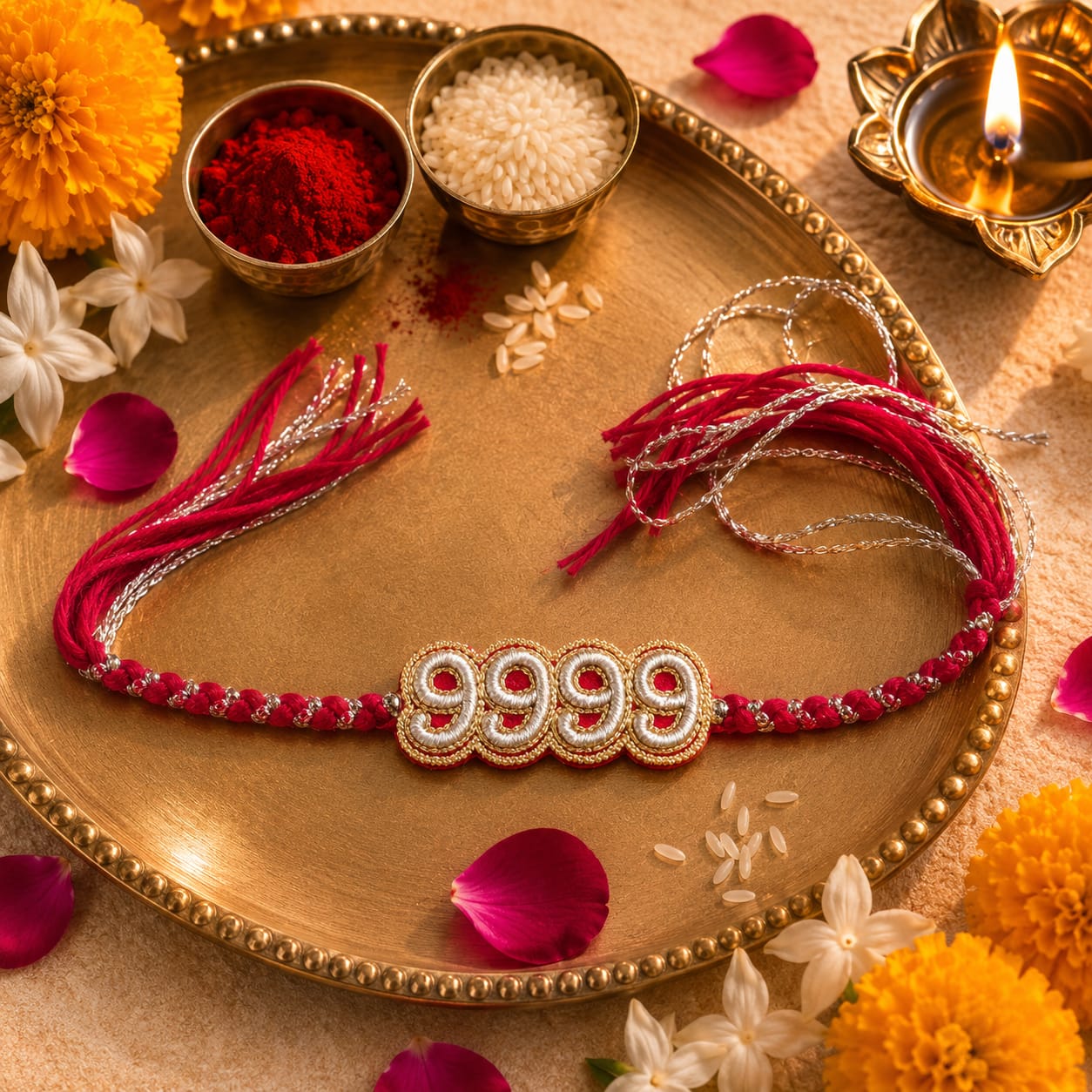 Custom Name and Lucky Number Hand Embroidered Rakhi | Red & Silver | With Roli Chawal | Handwork Rakhi