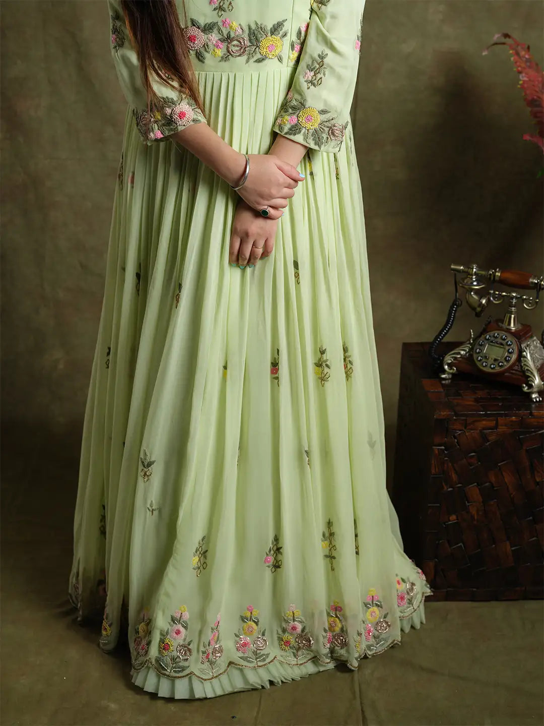 Graceful Pastel Green Embroidered Gown