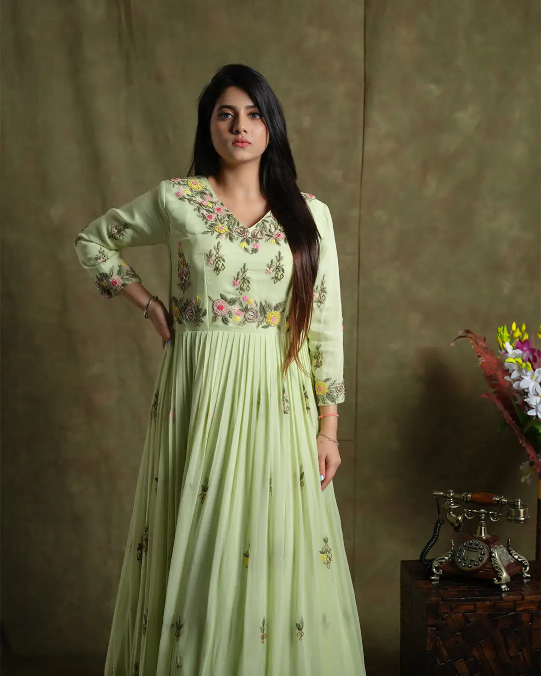Graceful Pastel Green Embroidered Gown