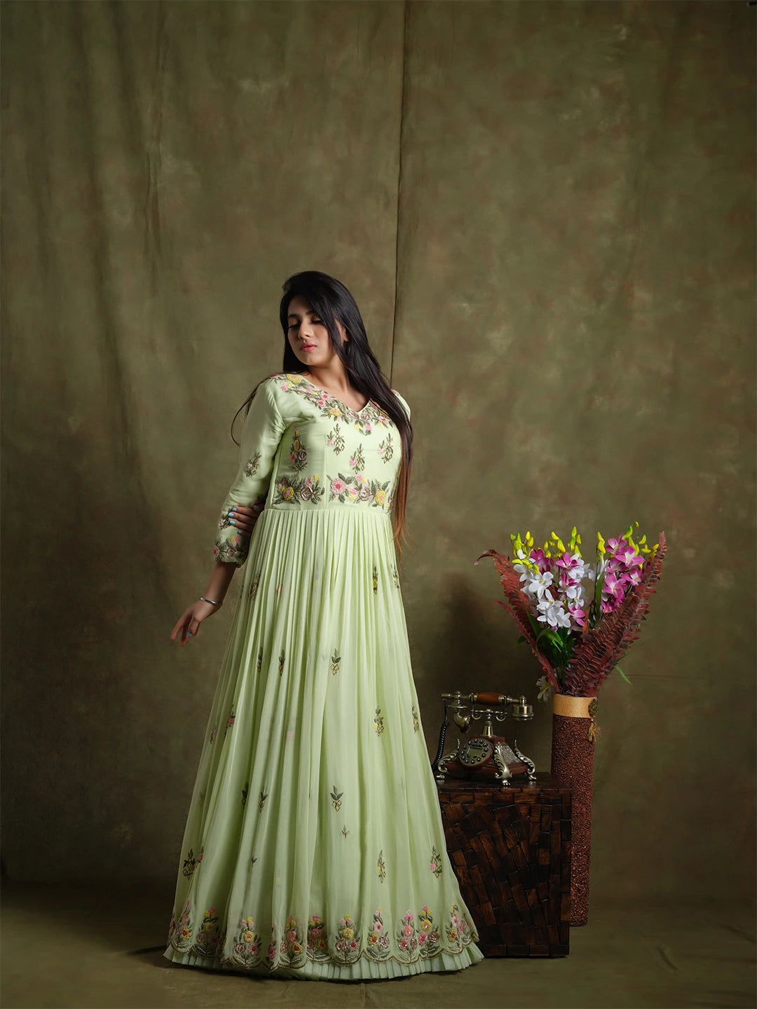 Graceful Pastel Green Embroidered Gown
