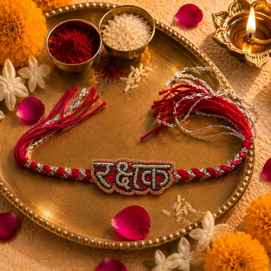 Rakshak (in Hindi) Hand Embroidered Rakhi | Red & Silver | With Roli Chawal | Handwork Rakhi