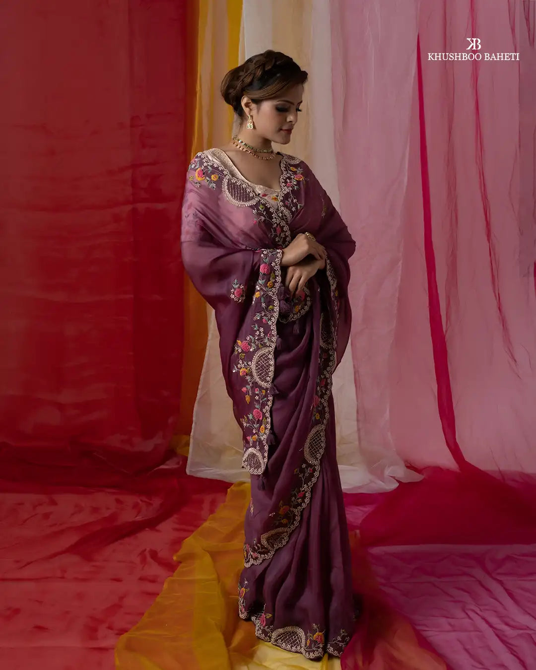 Pastel Pink Blouse and Iris Purple Saree With Zardosi Embroidery