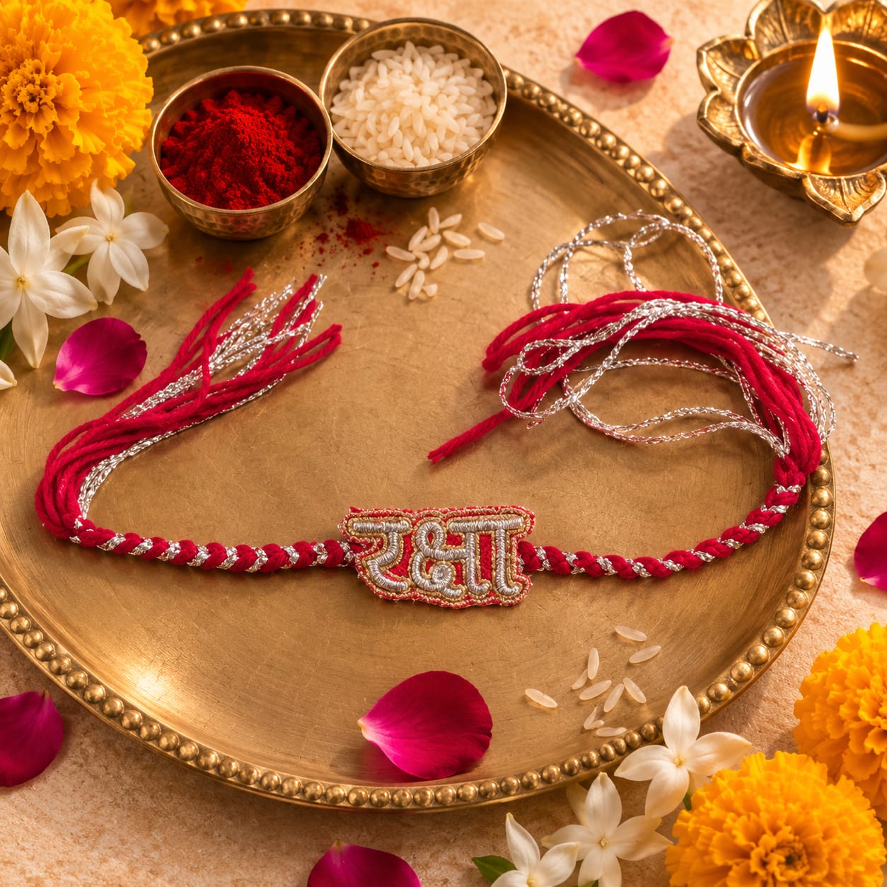 Raksha (in Hindi) Hand Embroidered Rakhi | Red & Silver | With Roli Chawal | Handwork Rakhi