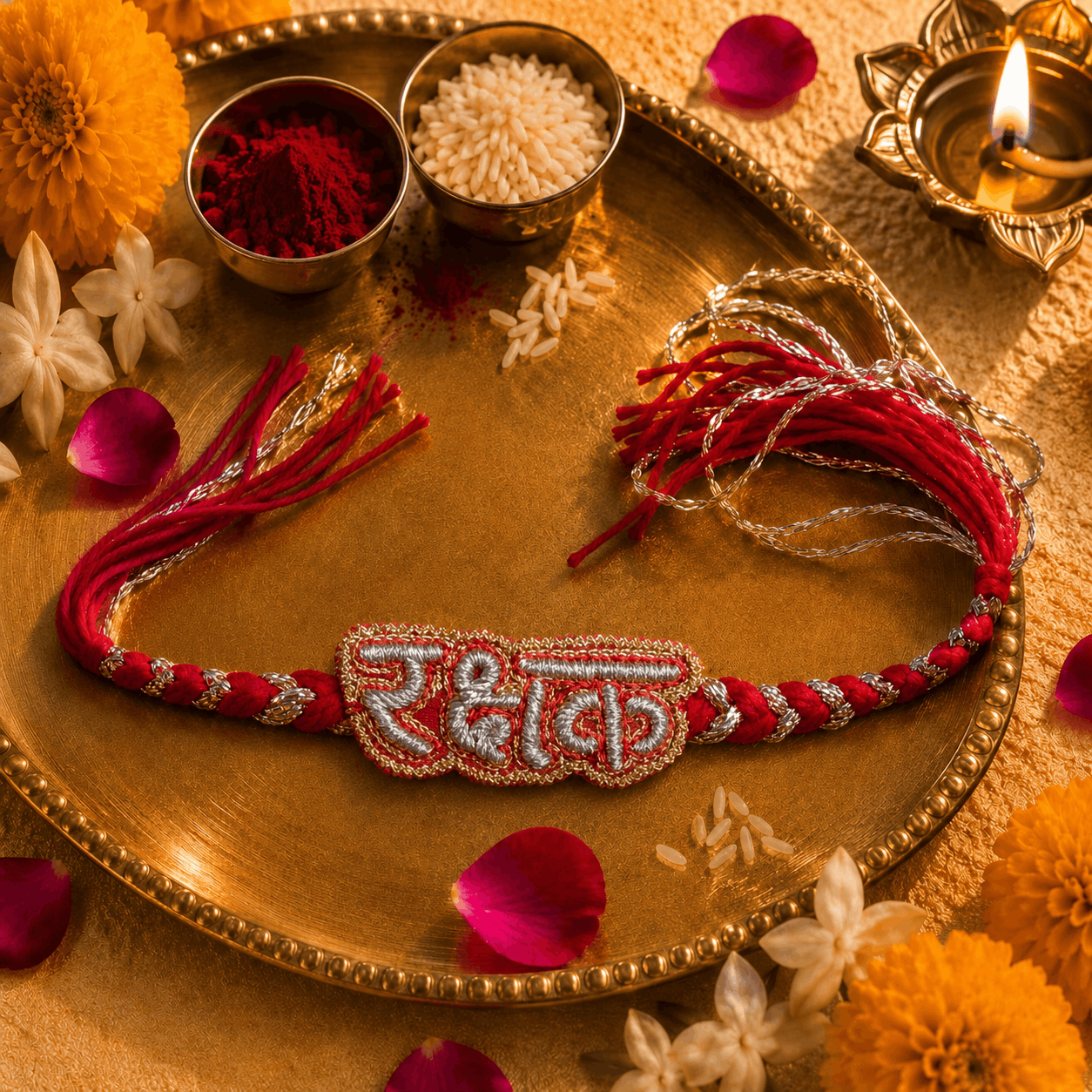 Rakshak (in Hindi) Hand Embroidered Rakhi | With Roli Chawal | Handwork Rakhi