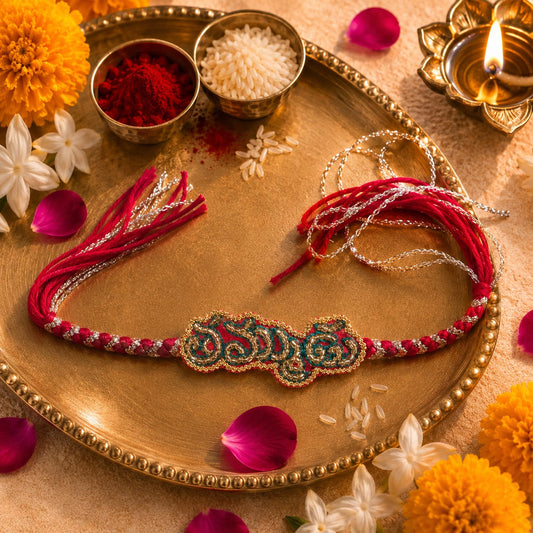 Thammudu (in Telugu) Hand Embroidered Rakhi | Red & Silver | With Roli Chawal | Handwork Rakhi