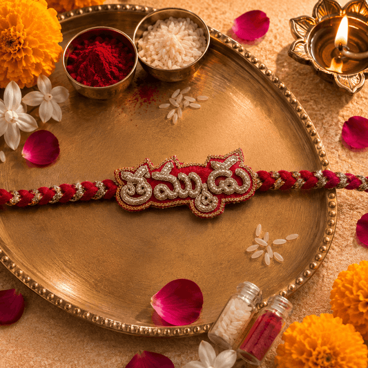 Thammudu (in Telugu) Hand Embroidered Rakhi | Red & Silver | With Roli Chawal | Handwork Rakhi