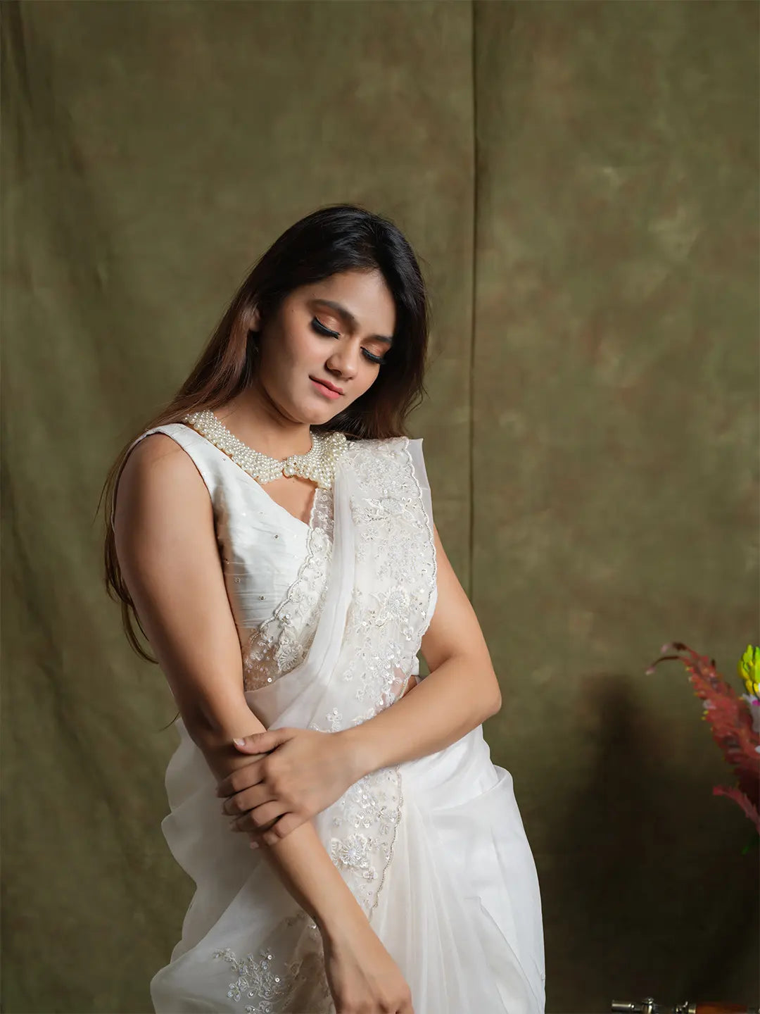 Whispering Petals: Floral Embroidered White Organza Saree