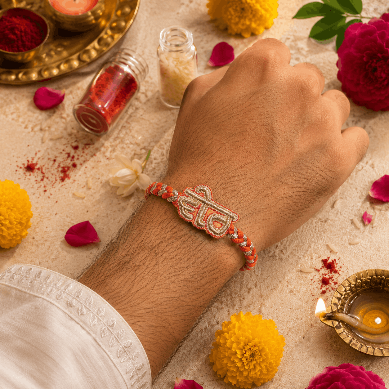 Veer (in Punjabi) Hand Embroidered Rakhi | Orange & Gold | Anchor and Metallic Thread Rakhi