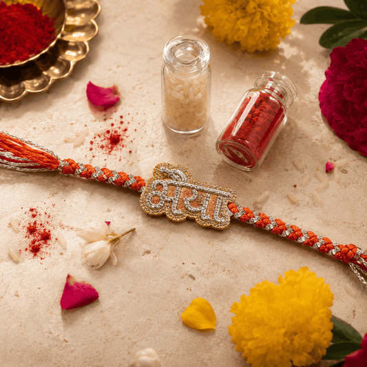 Bhaiya (in Hindi) Hand Embroidered Rakhi | Orange & Silver | Anchor and Metallic Thread Rakhi