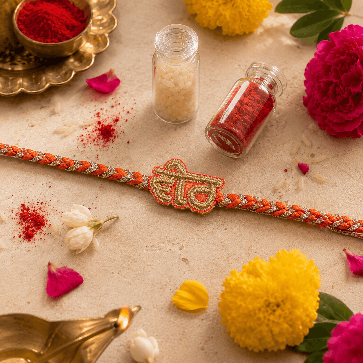 Veer (in Punjabi) Hand Embroidered Rakhi | Orange & Gold | Anchor and Metallic Thread Rakhi