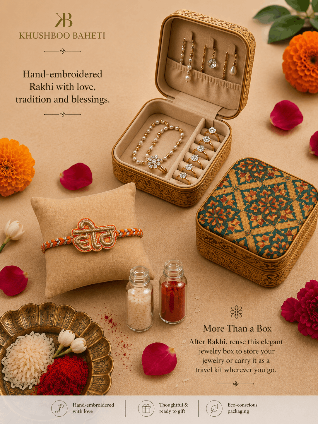 Veer (in Punjabi) Hand Embroidered Rakhi | Orange & Gold | Anchor and Metallic Thread Rakhi