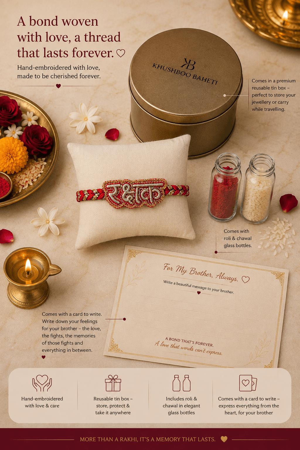 Rakshak (in Hindi) Hand Embroidered Rakhi | With Roli Chawal | Handwork Rakhi