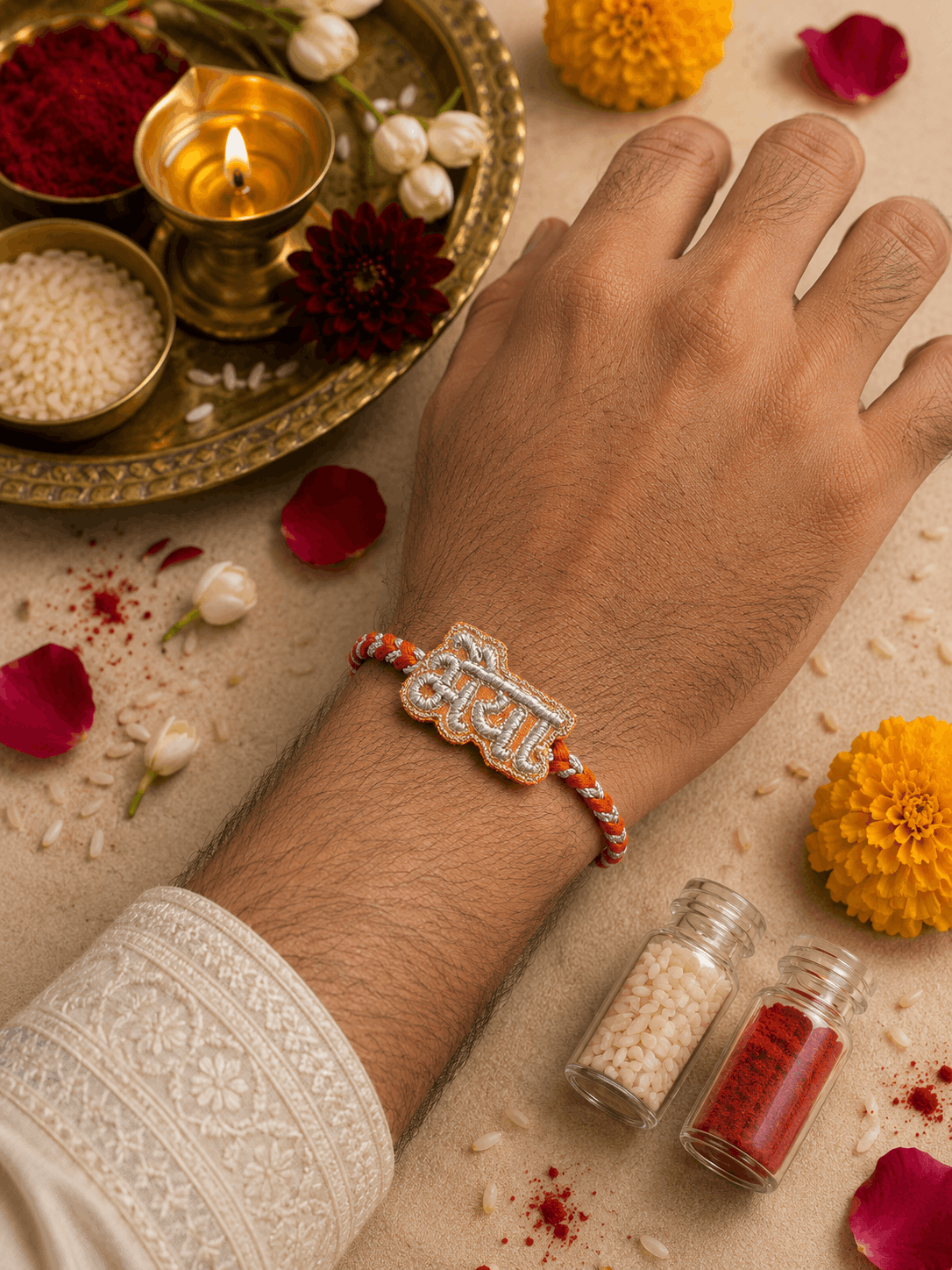 Bhaiya (in Hindi) Hand Embroidered Rakhi | Orange & Silver | Anchor and Metallic Thread Rakhi
