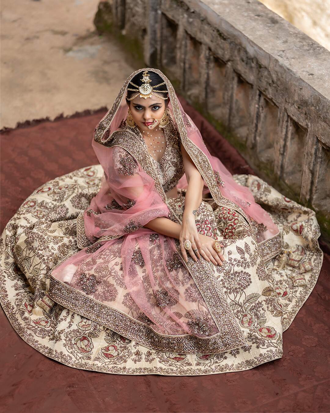 Cream and Maroon Bridal Lehenga Set With Floral Hand Embroidery