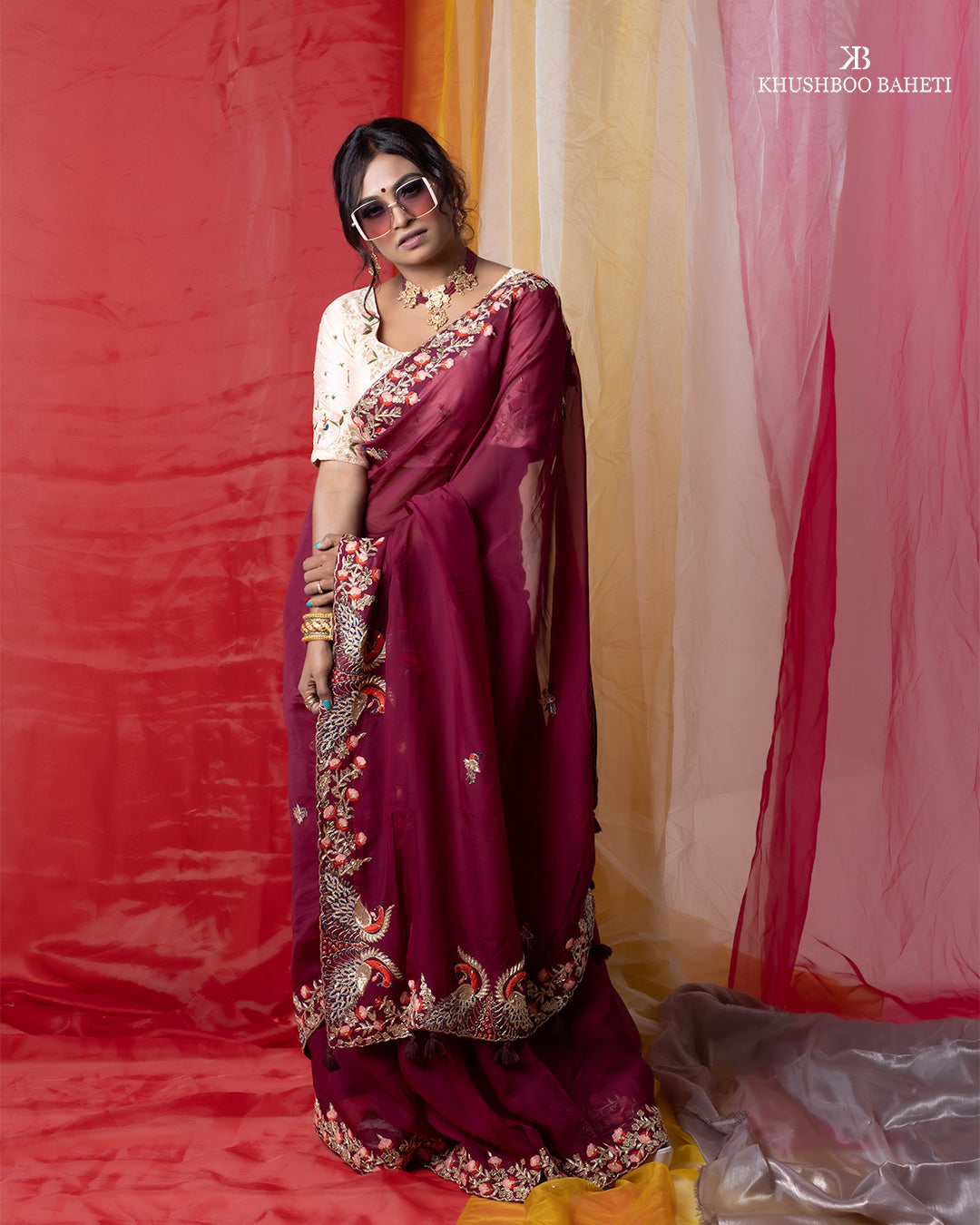 Wine Color Saree and Peach Blouse With Zardozi Embroidery