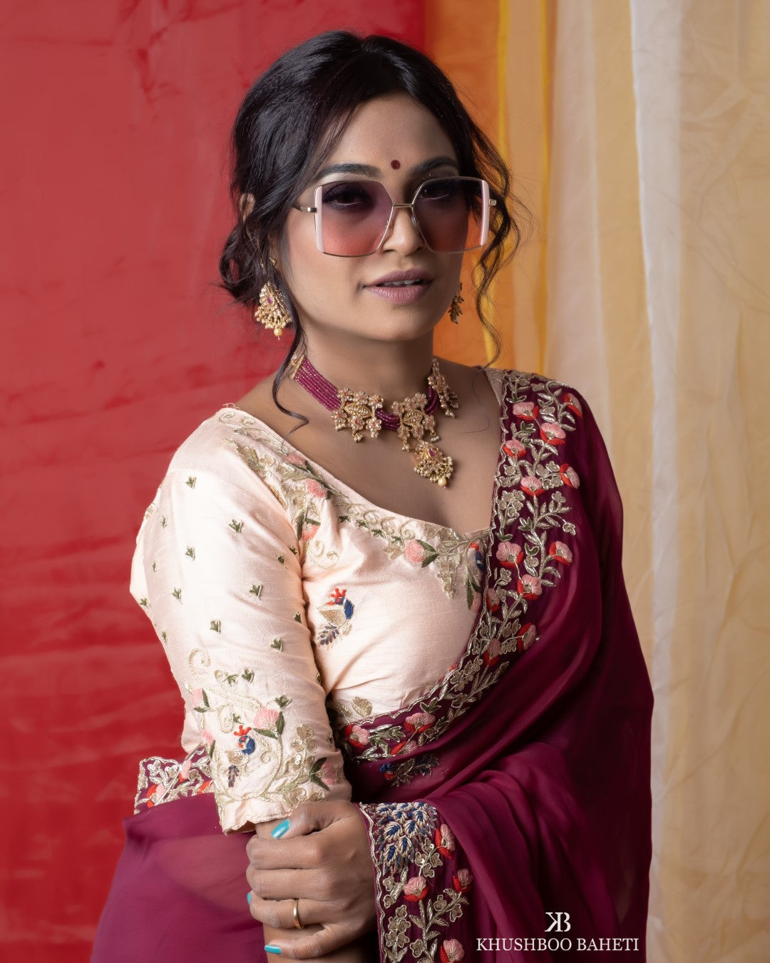 Wine Color Saree and Peach Blouse With Zardozi Embroidery