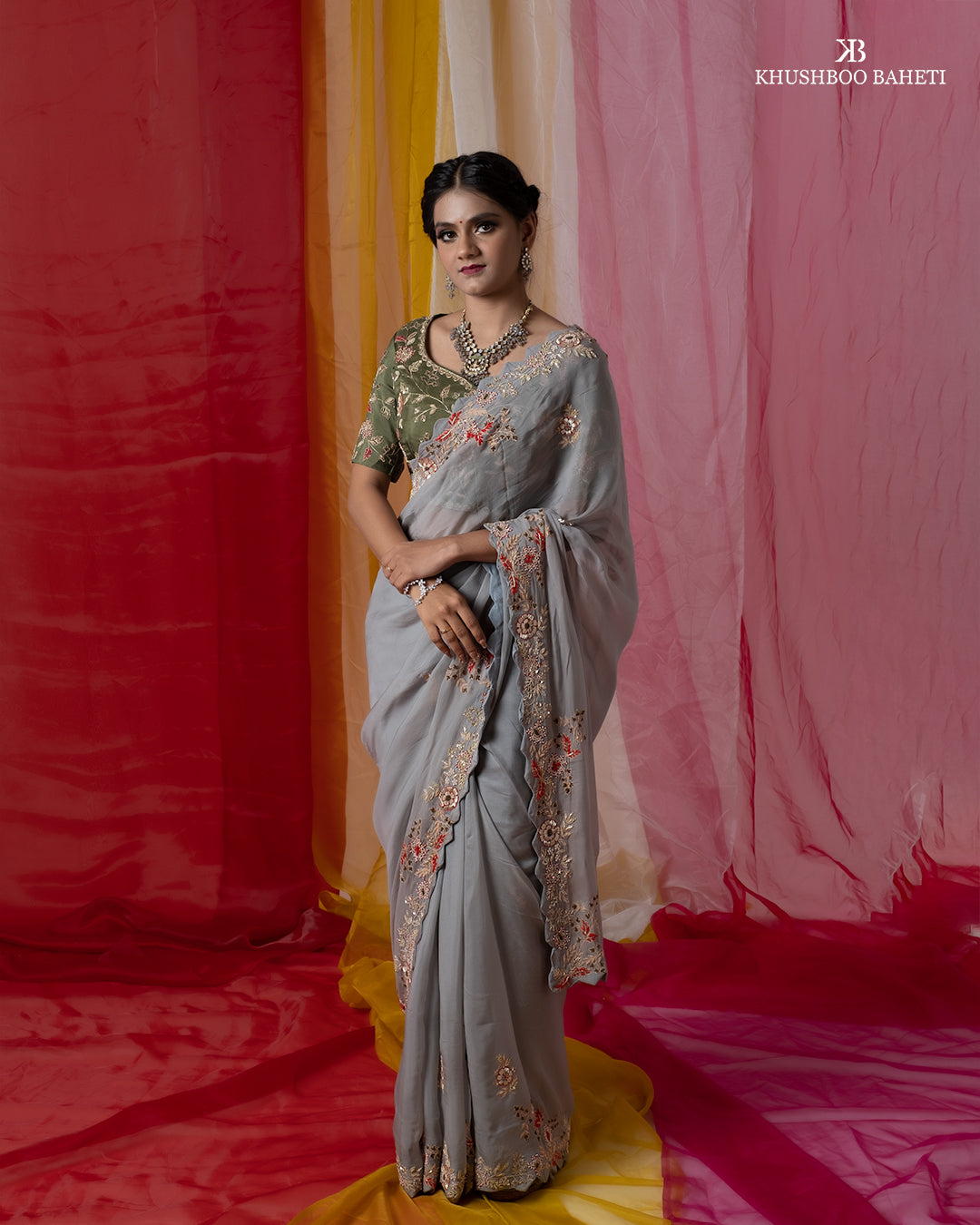 Powder Blue Organza Saree With Hand Embroidery and Silk Blouse