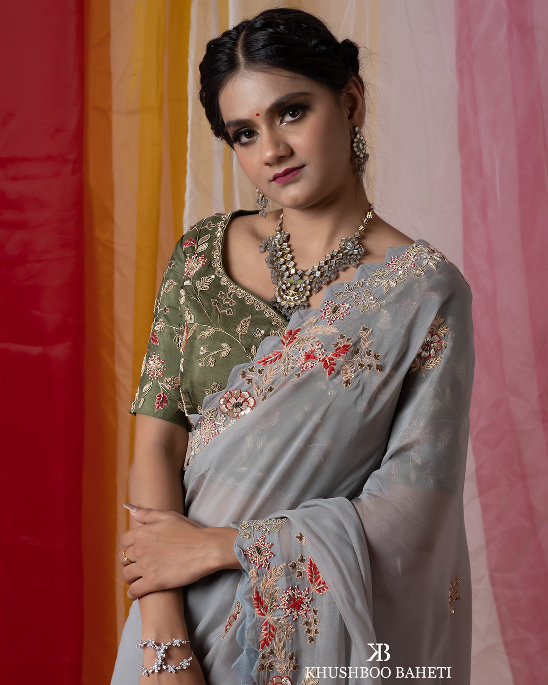 Powder Blue Organza Saree With Hand Embroidery And Silk Blouse ...