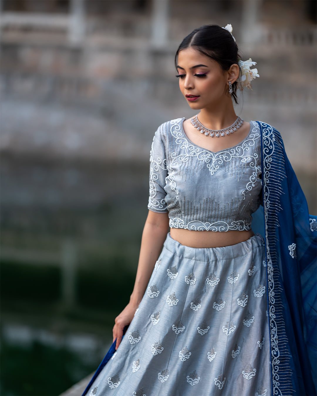 Hand Crafted Grey and Blue Pearl Embroidery Lehenga Set