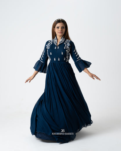 Lapis Blue Hand Embroidered Gown