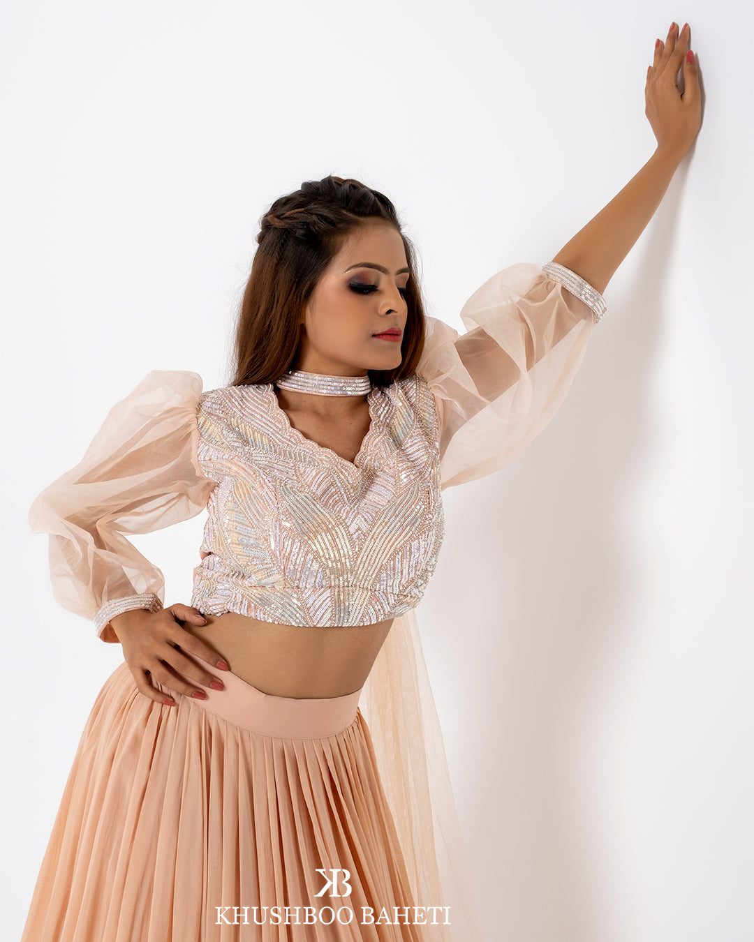 Light Peach Hand Embroidered Crop Top And Skirt Set