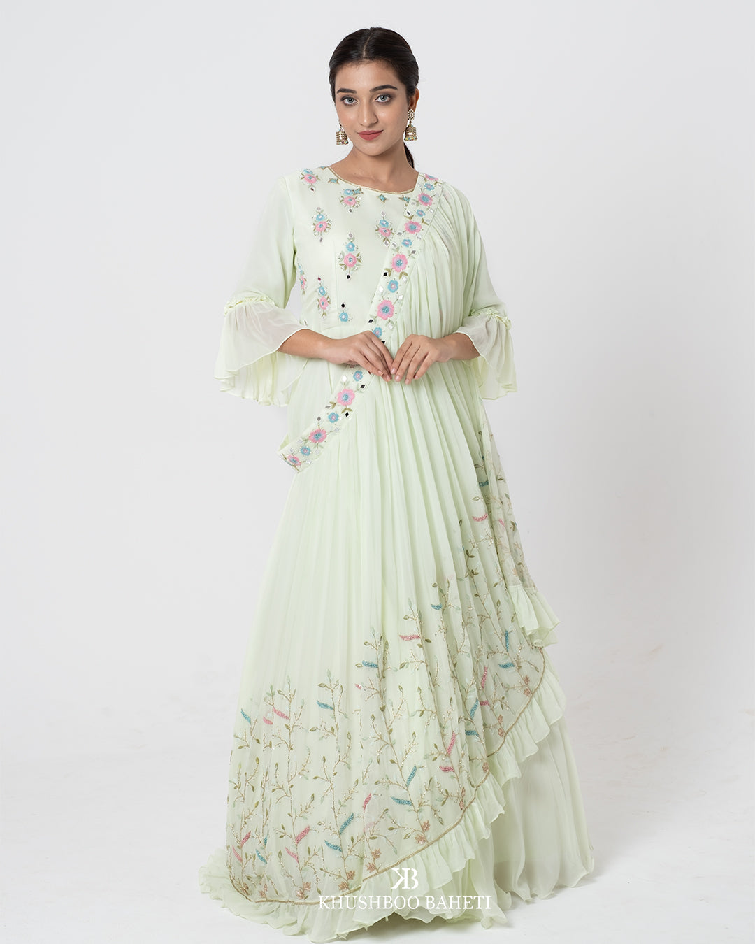 Pastel green Hand Embroidered Drape Gown Set