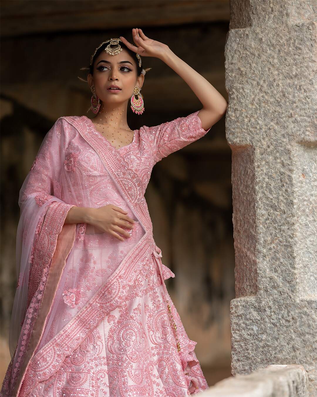 Pastle Pink Sequins Hand Embroidered Lehenga Set