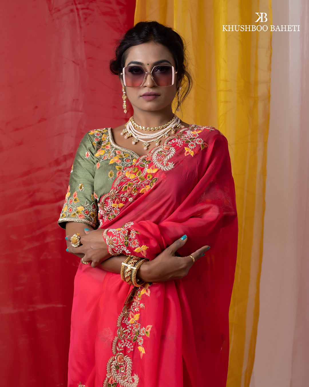 Pink Organza Saree with Zardozi Hand Embroidery Thread Work