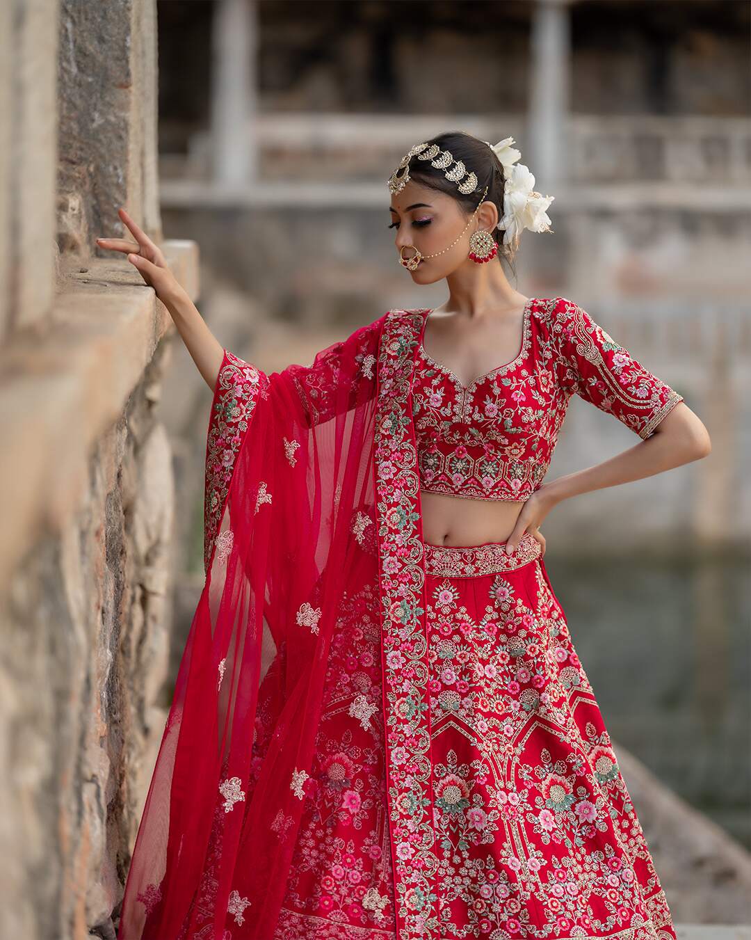 Laukya Ajarakh Lehenga Set- Red | Indian bridal dress, Indian wedding  outfits, Indian bridal lehenga