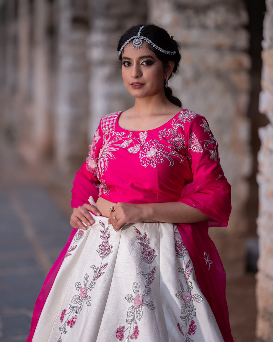 FABPIXEL Pink & Off White Embellished Semi-Stitched Lehenga & Unstitched  Blouse With Dupatta - Absolutely Desi