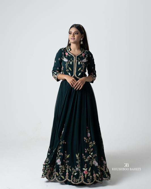 Teal Green Hand Embroidered Gown