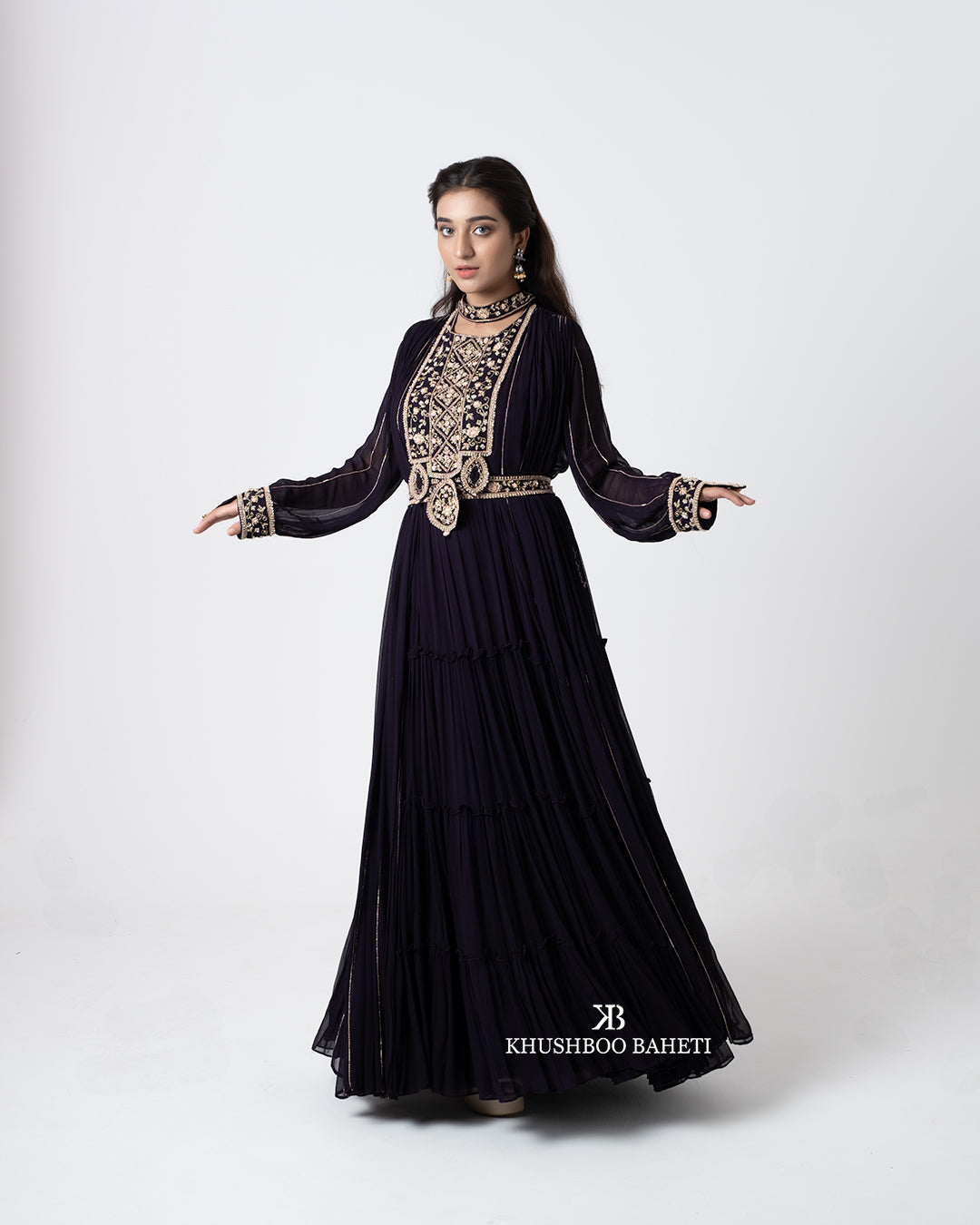Wine Color Hand Embroidered Gown