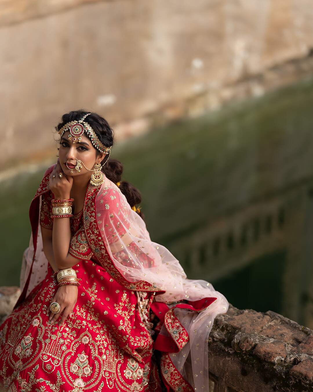 Red Traditional Indian Bridal lehenga with Golden Embroidery -